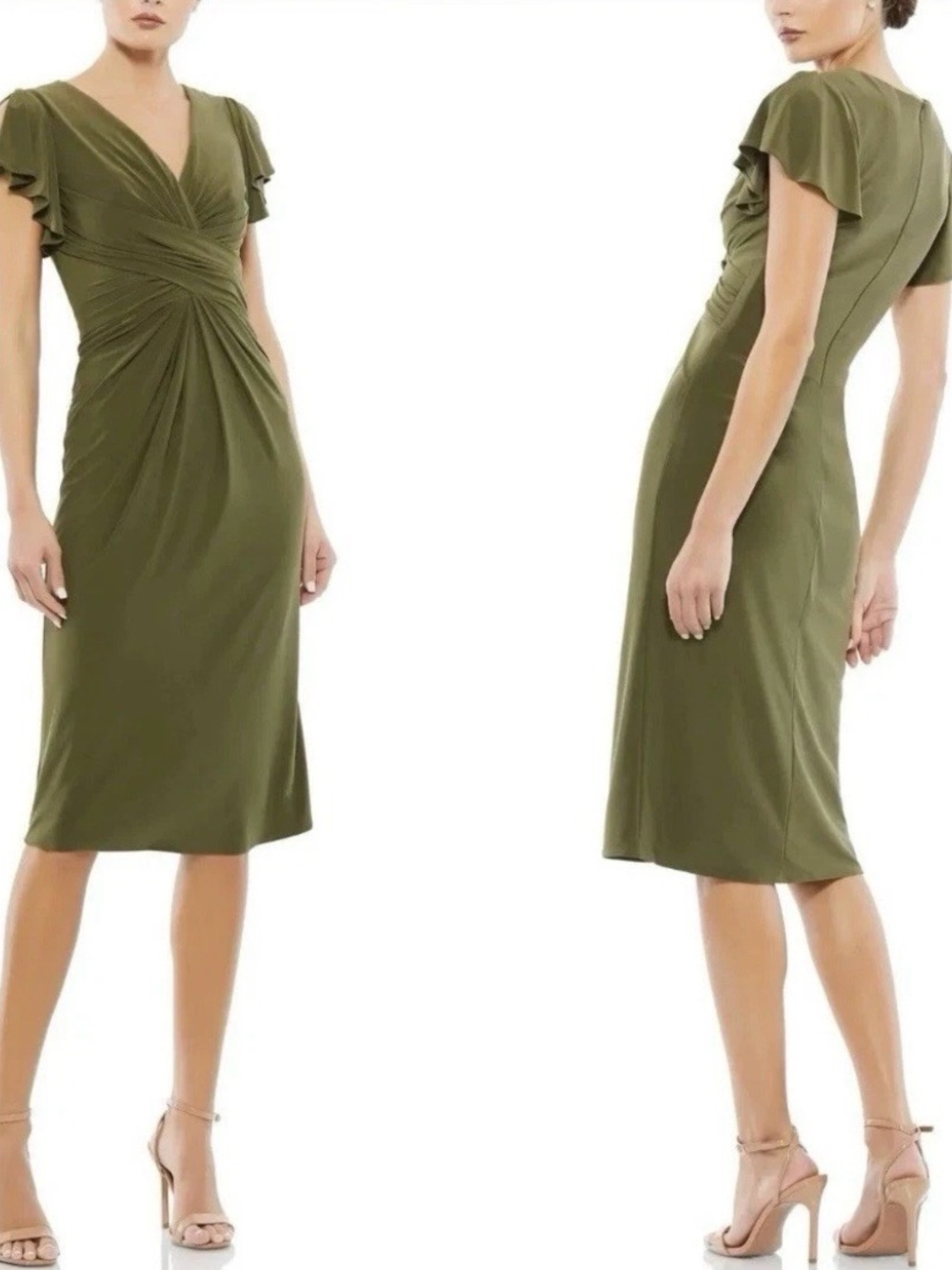 Mac Duggal size 2 olive green midi dress jersey cocktail NWT style 12486